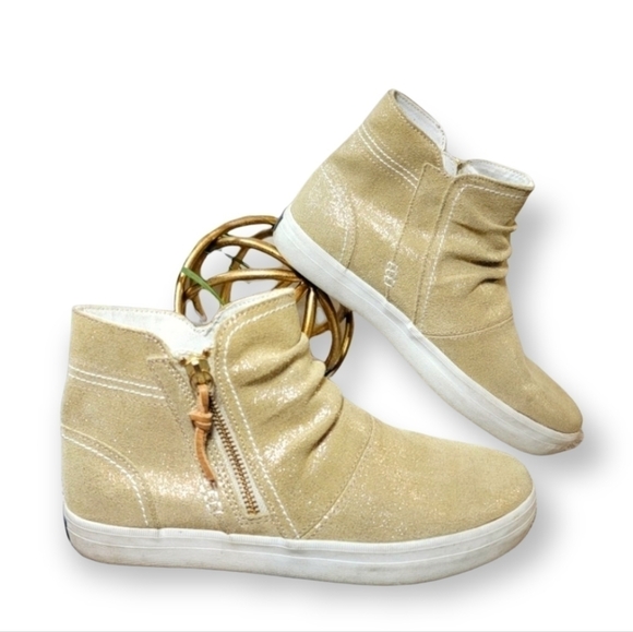 Sperry | 6 Crest Zone Leather High Top Sneakers sparkly Gold ruched front - Picture 1 of 16